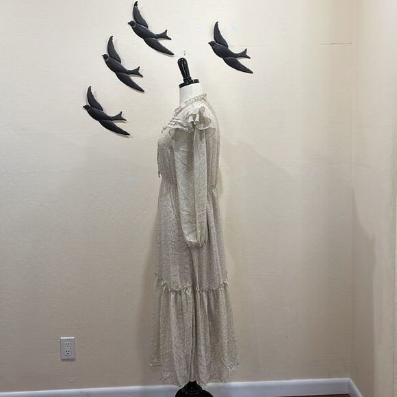 OPT Floral Tiered Ruffle Midi Dress Neutral Gold Prairie BOHO Floral, Size M - Picture 2 of 10